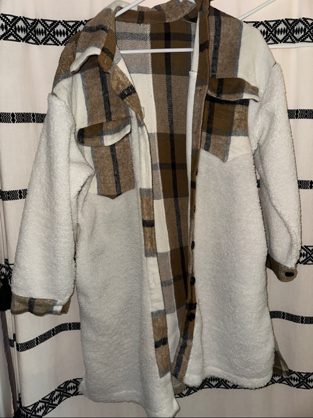 Sherpa Shacket Coat in Cream and Brown Plaid